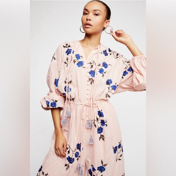 NWT Free People Cloud Nine Wide Leg Embroidered Jumper Pink Crystal Combo - XS/S - Picture 3 of 16